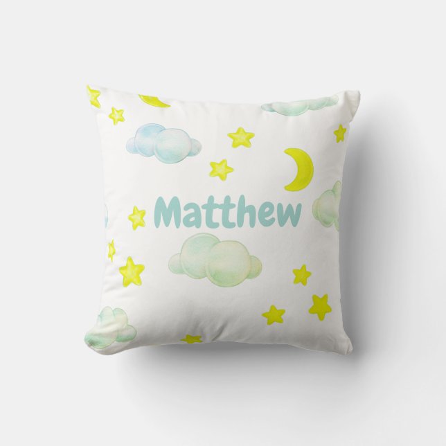 Fluffy clouds and stars monogram Throw Pillow (Front)
