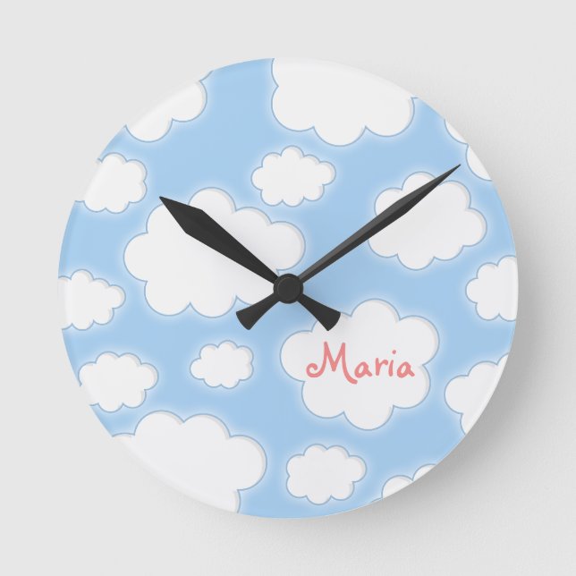 Fluffy Clouds Custom Name Personalised Round Clock (Front)