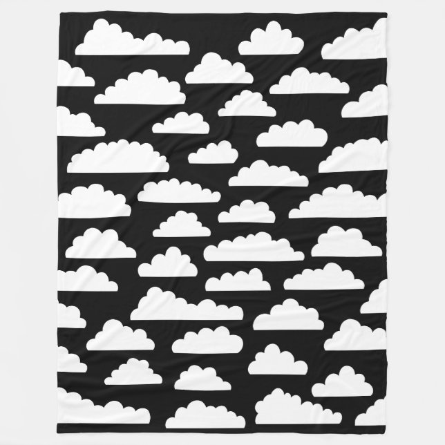 Fluffy Clouds - White on Black Fleece Blanket (Front)