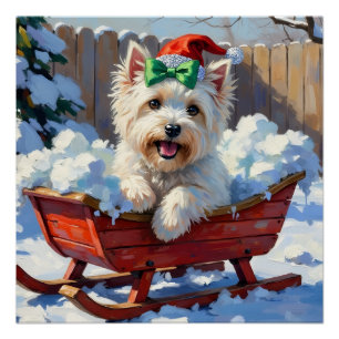 Fluffy Coton de Tulear Dog Vintage Christmas Sled  Poster