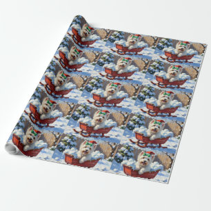 Fluffy Coton de Tulear Dog Vintage Christmas Sled Wrapping Paper