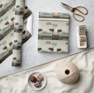 Fluffy Cow Peeking Over a Fence in the Rain Wrapping Paper