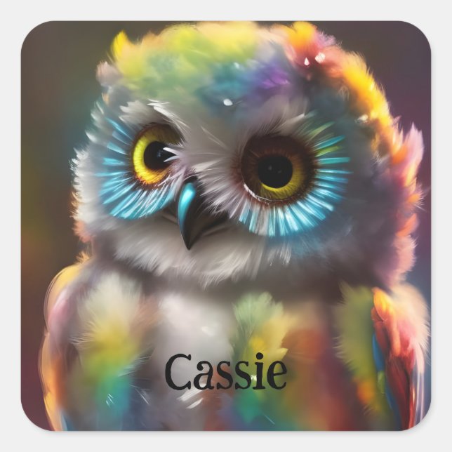 Fluffy Cute Colourful Owl Square Sticker (Front)