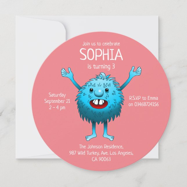 Fluffy Cute Monster Birthday Invitation (Front)