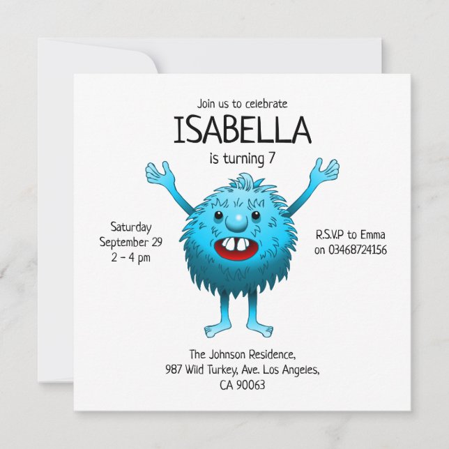 Fluffy Cute Monster birthday invitation (Front)