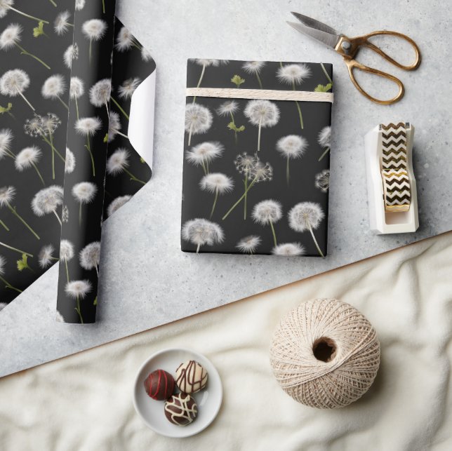 Fluffy Dandelions On Black Wrapping Paper (Crafts)