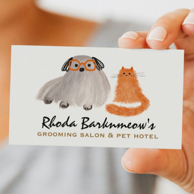 Fluffy Dog and Cat Whimsical Pet Sitter Groomer  Business Card (Creator Uploaded)