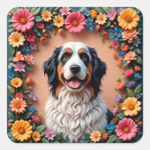 Fluffy Dog Floral Portrait 🐾 Soft Cute Pet Art 🌼 Square Sticker