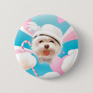 Fluffy Dog with White Hat 6 Cm Round Badge