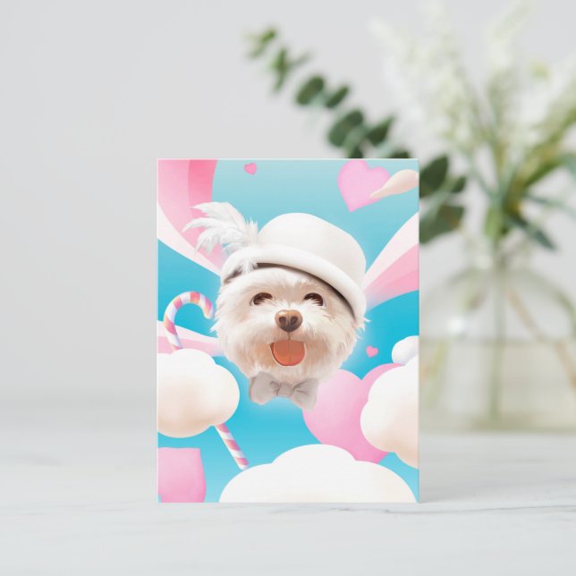 Fluffy Dog with White Hat Announcement Postcard (Standing Front)