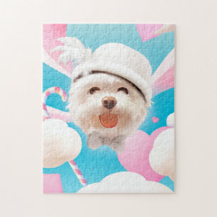 Fluffy Dog with White Hat Jigsaw Puzzle