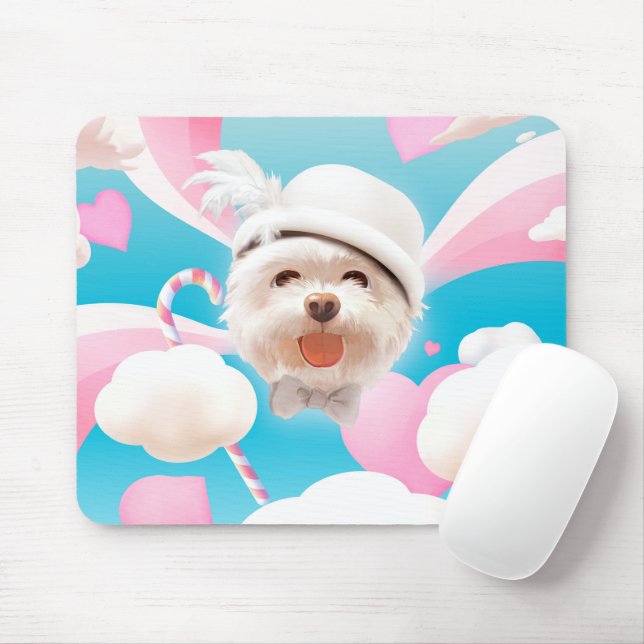 Fluffy Dog with White Hat Mouse Mat (With Mouse)