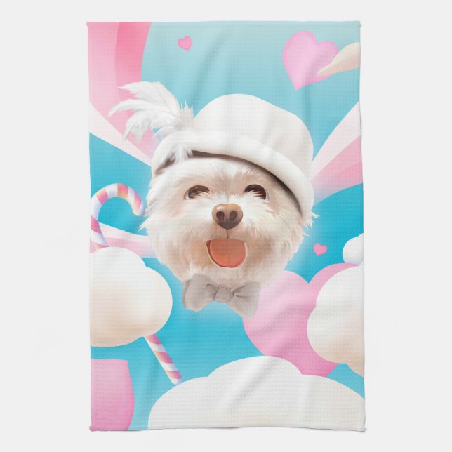 Fluffy Dog with White Hat Tea Towel (Vertical)