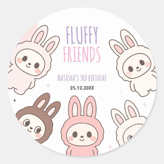 Fluffy Dolls Pastel Bunny Themed Birthday Classic Round Sticker (Front)