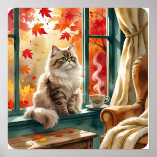 Fluffy Fall Feline – Cosy Window View Watercolor P Poster