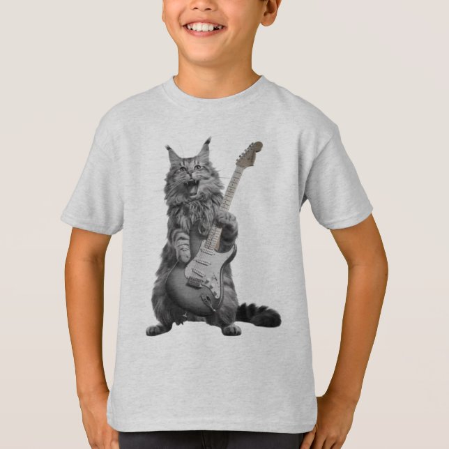 Fluffy Feline Rocker | Long-Haired Cat Guitarist T-Shirt (Front)