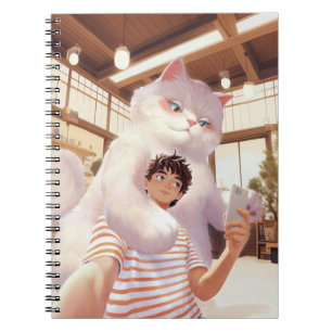 Fluffy Giant: White Cat Selfie at Retro Cafe Notebook