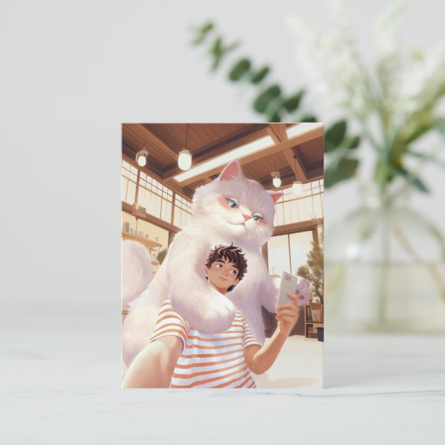 Fluffy Giant: White Cat Selfie at Retro Cafe Postcard (Standing Front)