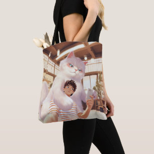 Fluffy Giant: White Cat Selfie at Retro Cafe Tote Bag