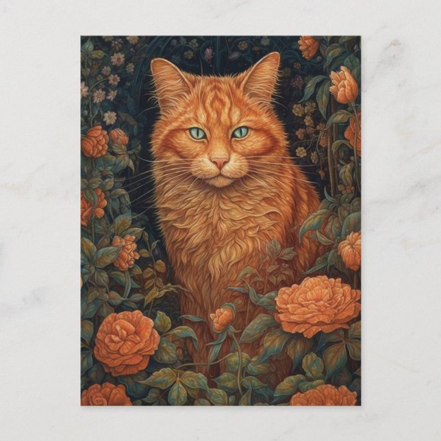 Fluffy Ginger Cat in the flowers Postcard (Front)