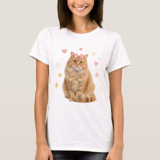 Fluffy Ginger Cat with Pink Bow T-Shirt