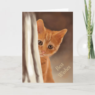 Fluffy Ginger Kitten Behind Curtain Card