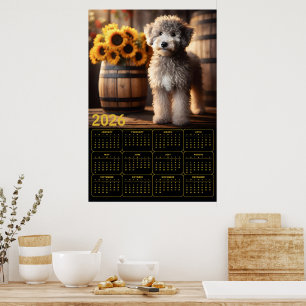 Fluffy Goldendoodle with Sunflowers – 2026 Rustic  Poster