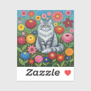 Fluffy Gray Striped Cat with Folk Art Flowers