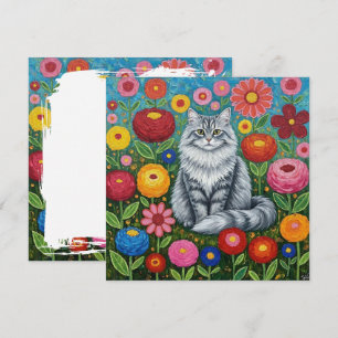 Fluffy Gray Striped Cat with Folk Art Flowers Card