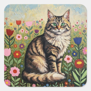 Fluffy Gray Tabby Cat and Folk Art Flowers Square Sticker
