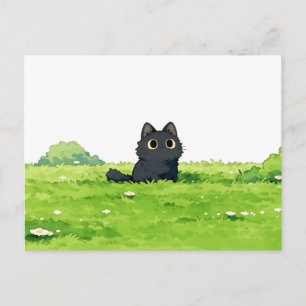 Fluffy Green Bush Kawaii Black Cat Postcard