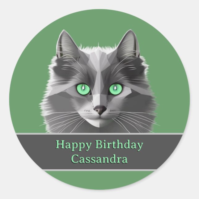 Fluffy Grey Cat and Birthday or Occasion Message Classic Round Sticker (Front)
