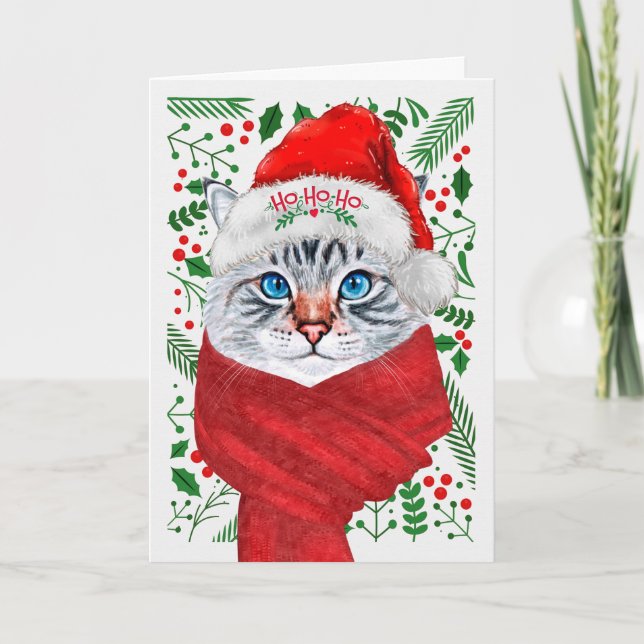 Fluffy Grey Cat in a Santa Hat Meowy Christmas Holiday Card (Front)