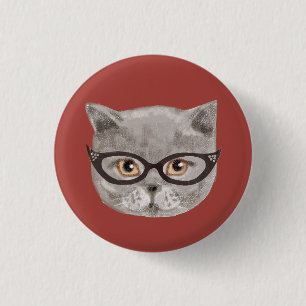 Fluffy grey cat wearing glasses 3 cm round badge