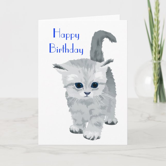 Fluffy Grey Kitten Birthday Card (Front)