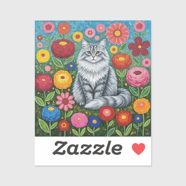 Fluffy Grey Striped Cat with Folk Art Flowers (Sheet)