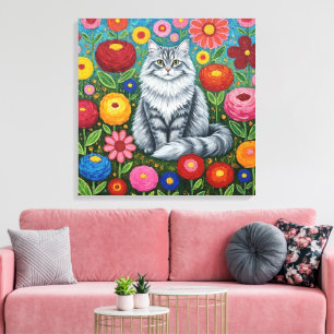 Fluffy Grey Striped Cat with Folk Art Flowers Canvas Print