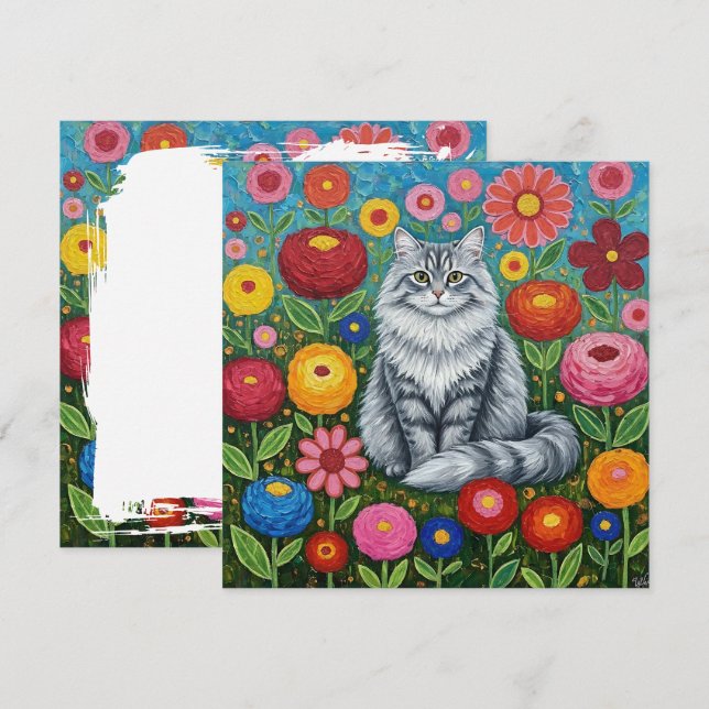 Fluffy Grey Striped Cat with Folk Art Flowers Card (Front/Back)