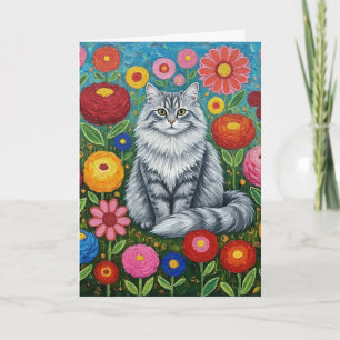 Fluffy Grey Striped Cat with Folk Art Flowers Card