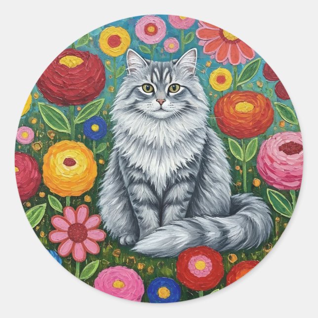 Fluffy Grey Striped Cat with Folk Art Flowers Classic Round Sticker (Front)