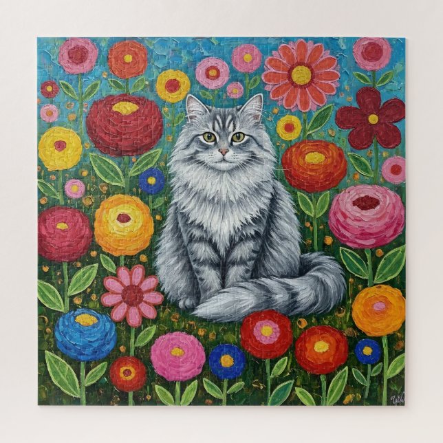 Fluffy Grey Striped Cat with Folk Art Flowers Jigsaw Puzzle (Vertical)