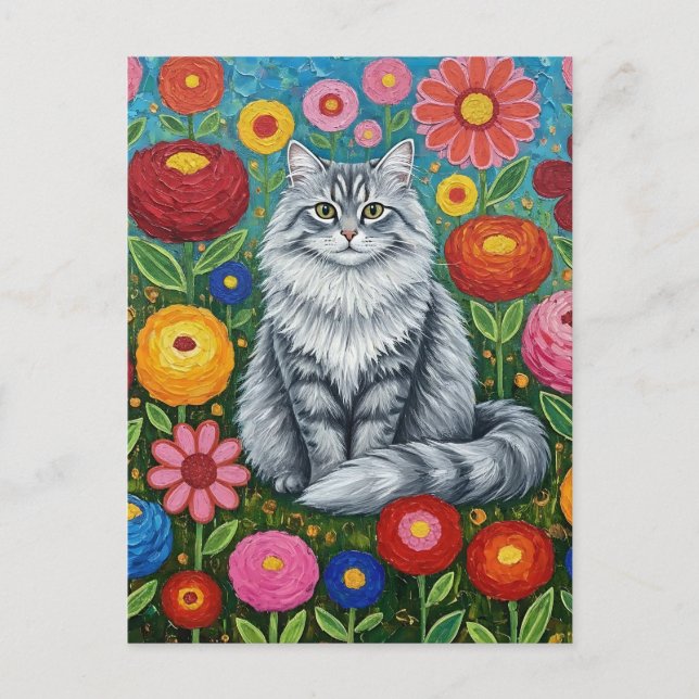 Fluffy Grey Striped Cat with Folk Art Flowers Postcard (Front)