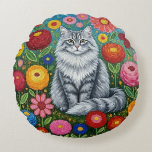 Fluffy Grey Striped Cat with Folk Art Flowers Round Cushion