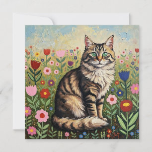 Fluffy Grey Tabby Cat and Folk Art Flowers