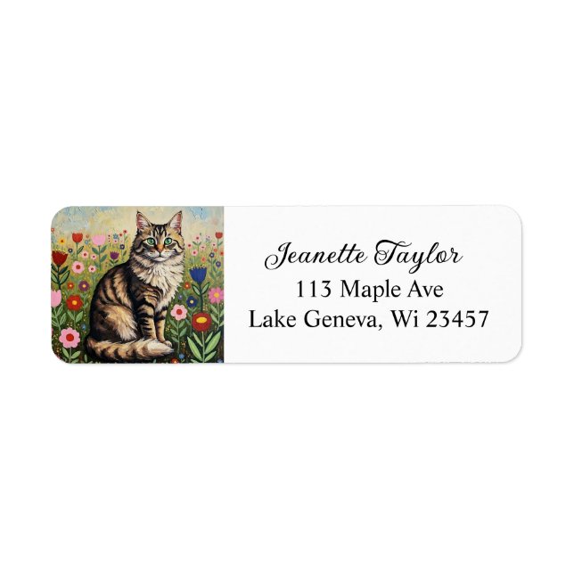 Fluffy Grey Tabby Cat and Folk Art Flowers (Front)