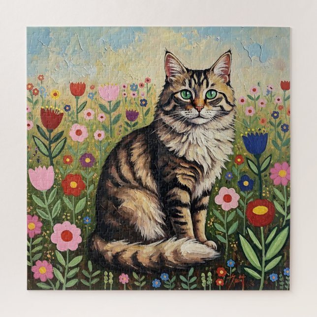 Fluffy Grey Tabby Cat and Folk Art Flowers Jigsaw Puzzle (Vertical)