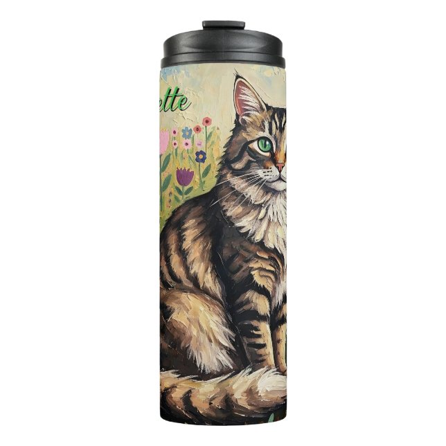 Fluffy Grey Tabby Cat and Folk Art Flowers Thermal Tumbler (Front)