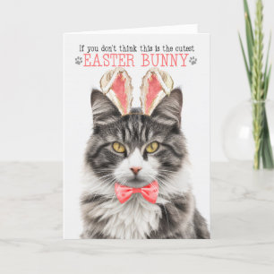Fluffy Grey Tabby Cat in Bunny Ears for Easter Holiday Card