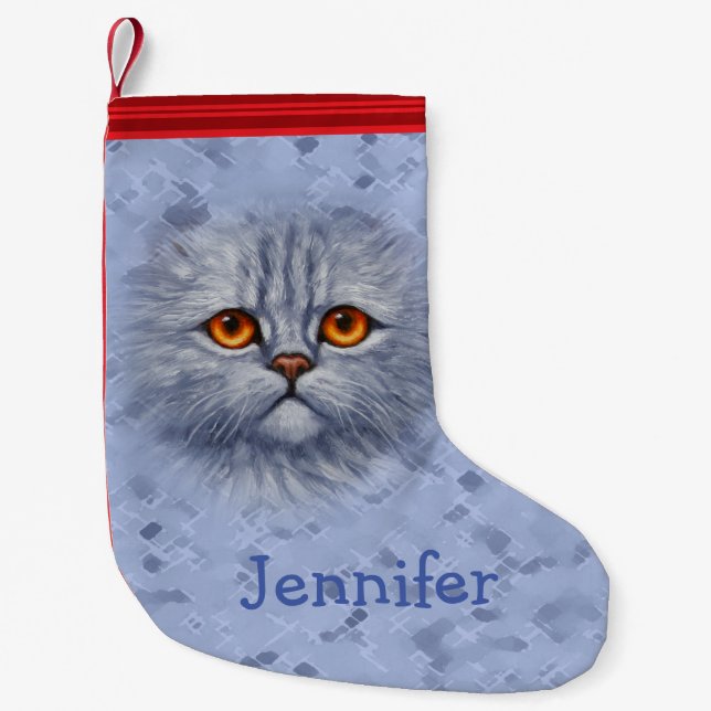 Fluffy Grey Tabby Cat Kitten Face Small Christmas Stocking (Front)