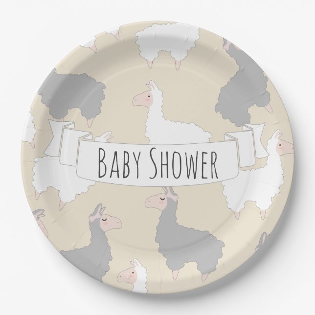 Fluffy Grey & White Llamas Baby Shower Paper Plate (Front)